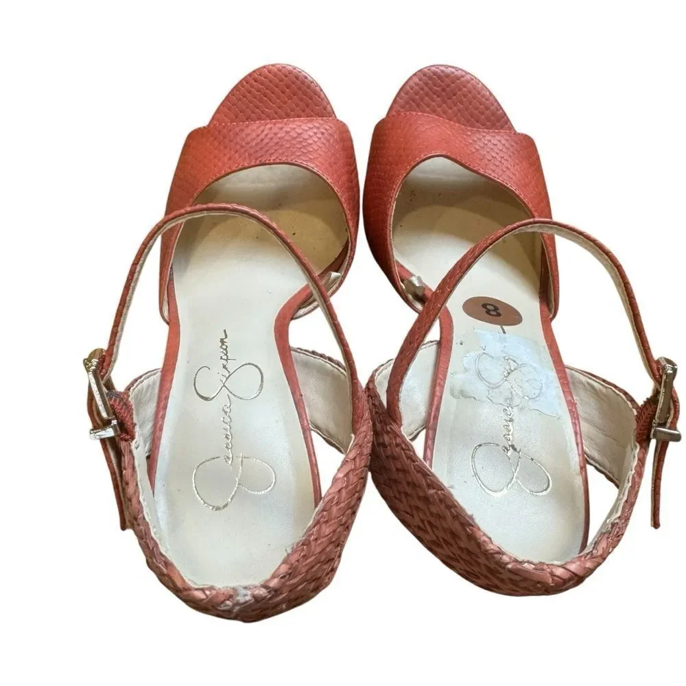 Jessica Simpson istilla burnt orange wood heel basketweave straps platform heels